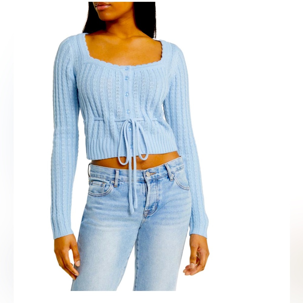 NWT SZ SM ‘ALL IN FAVOR’ Drawstring Square Neck Cardigan in Robins Egg Blue.